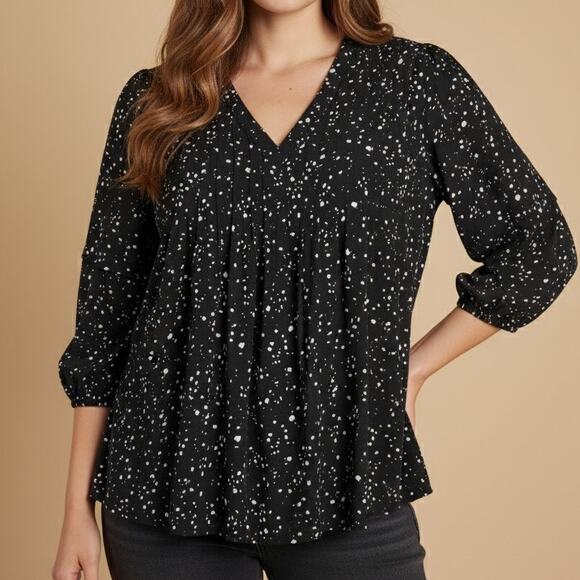 Terra & Sky Black White Speckle Plus Sz 2X Peasant Blouse 3/4 Sleeve V-Neck Boho - Picture 1 of 12